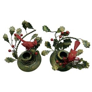 Vintage Set of Candle Holders Metal Cardinal Holly Berries Christmas